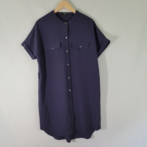 Theory Women Navy Shirt Dress Sz L Faux Silk Short Sleeve Midi Pocket High-Low - Picture 12 of 12